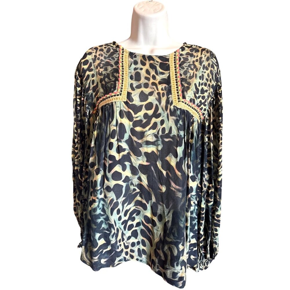 Blank London Animal Print Blouse Boho Size M Sheer Empire Waist Top Festival
